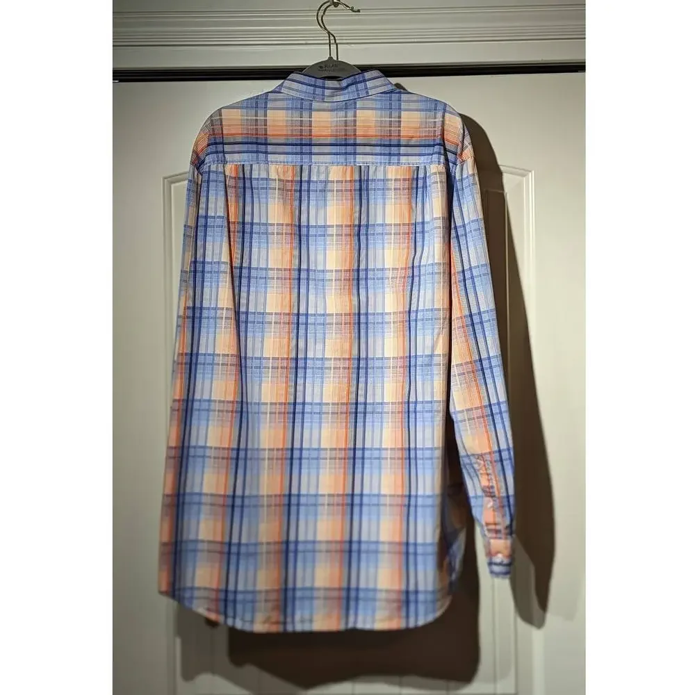 Tasso Elba Blue & Orange Plaid Button Up 100% Cotton Dress Shirt Mens Sz XL